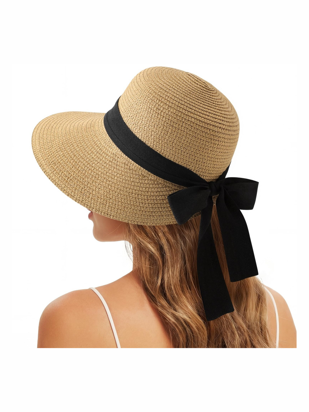Sun Hats for Women, Straw Beach Hat UV Sun | Khaki With Black Ribbon | Size OS